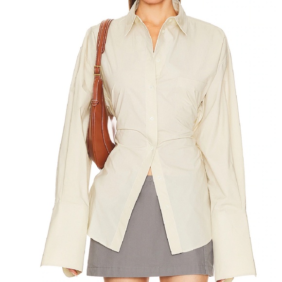 BNWT BEST HELSA Revolve Poplin Lace Back Shirt - Hay Light Beige - Picture 3 of 8